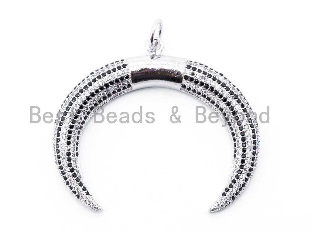 CZ Black Micro Pave Crescent Moon Double Horn Pendant, Cubic Zirconia Pendant,44x44mm, sku#F140