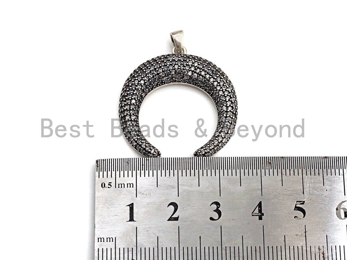 CZ Micro Pave OX Horn Shape Pendant, Antique Silver Tone, Cubic Zirconia Pave Crescent Charm Pendant, 32x35mm,sku#F1028