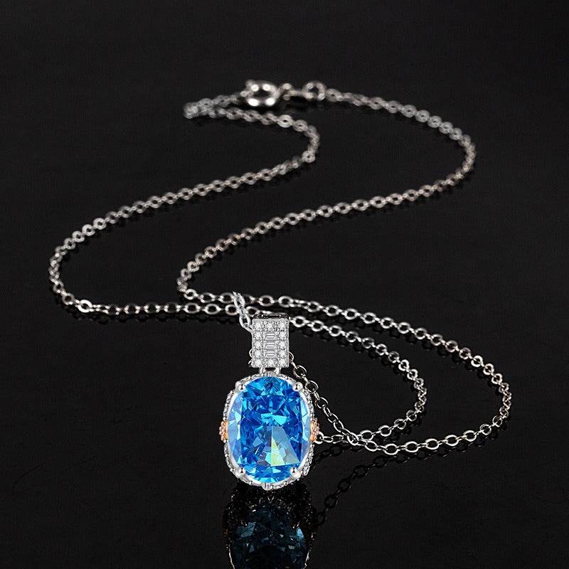 Multicolor Ice Flower Cut Oval CZ Pendant Necklace, Blue & Green 10*14mm 8A Cubic Zirconia, Two-Tone Pave CZ Halo with Pavé Top Frame