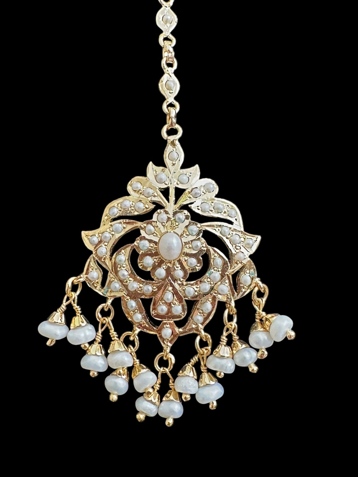 Gold plated silver tikka in fresh water pearls ( SHIPS IN 5 WEEKS )