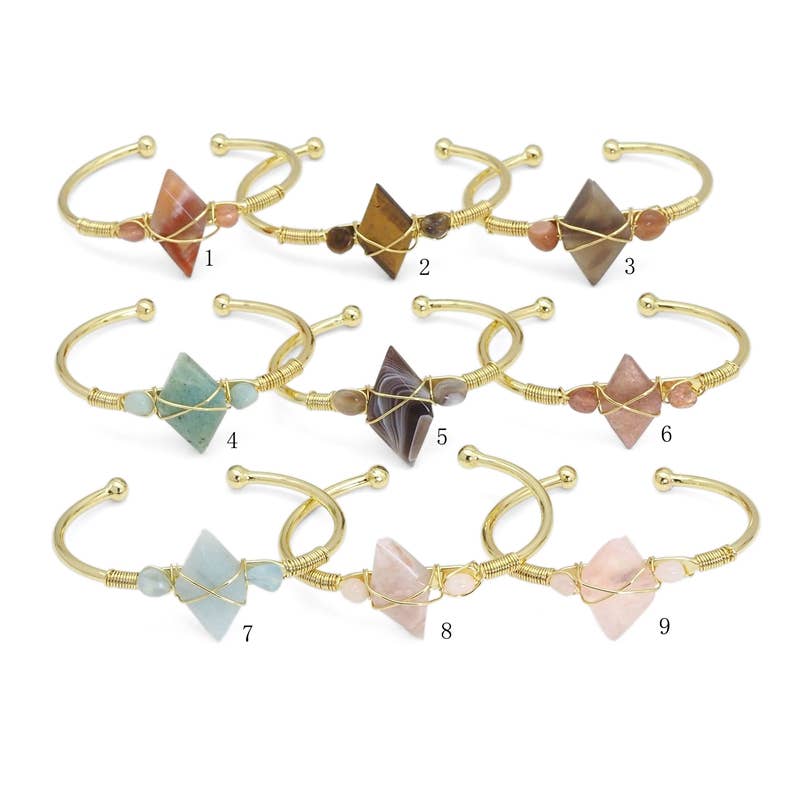 Natural Gemstone Wire Wrapped Gold Cuff Bracelet, SKU#LY26