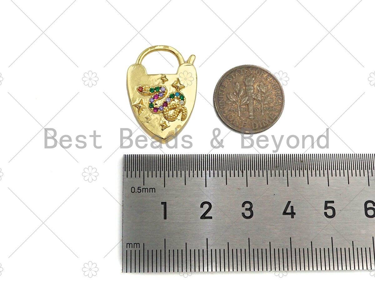 CZ Micro Pave Colorful Snake Padlock Heart Clasp Charms, Colorful Snake On Padlock Clasp, Padlock Necklace Charms, 17x25mm, Sku#K167