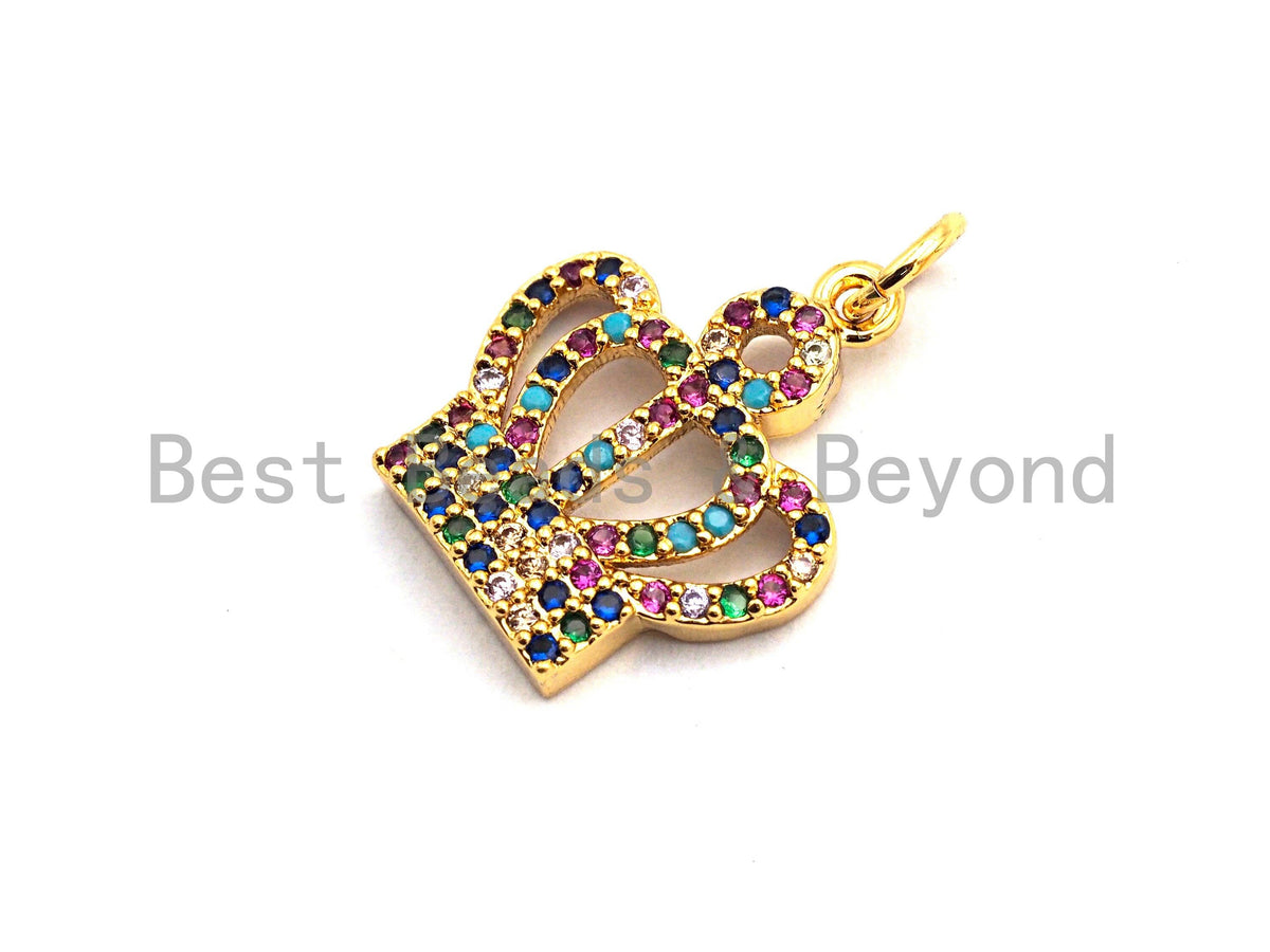 CZ Colorful Micro Pave Royal Crown Charm Pendant, Crown Shaped Pave Pendant, Gold plated, 17x15mm, Sku#F837
