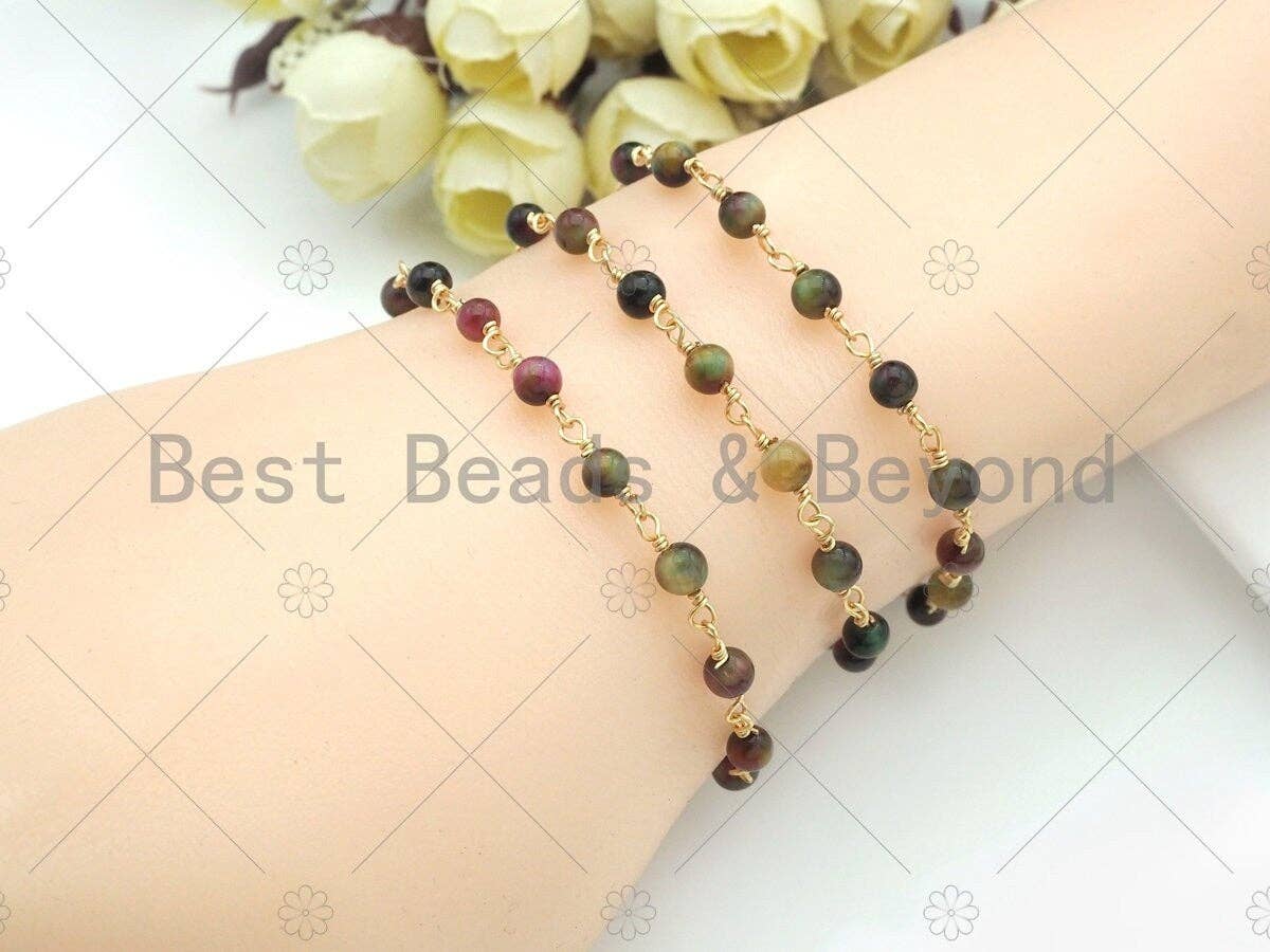 Multicolor/Blue/Green/Purple High Quality Tiger Eye Rosary Chain, 4mm Beaded Chain, Wire Wrapped Gold Chain,Sku#V76
