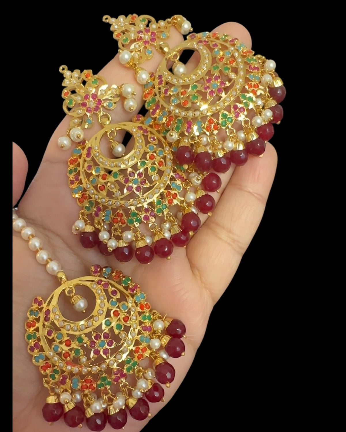 DJET83 Dafiya Gold Plated Chandbali Earrings & Tika Set in Navratan | Ready to Ship | Deccan Jewelry