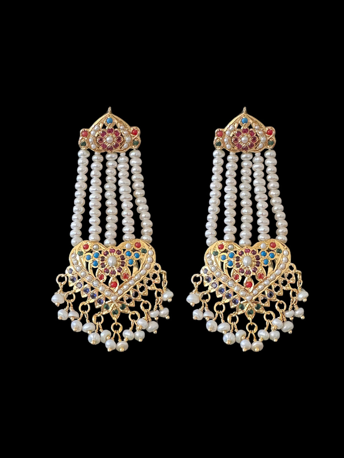 Navratan gold plated silver necklace with earrings in fresh water pearls ( SHIPS IN 5 WEEKS  )
