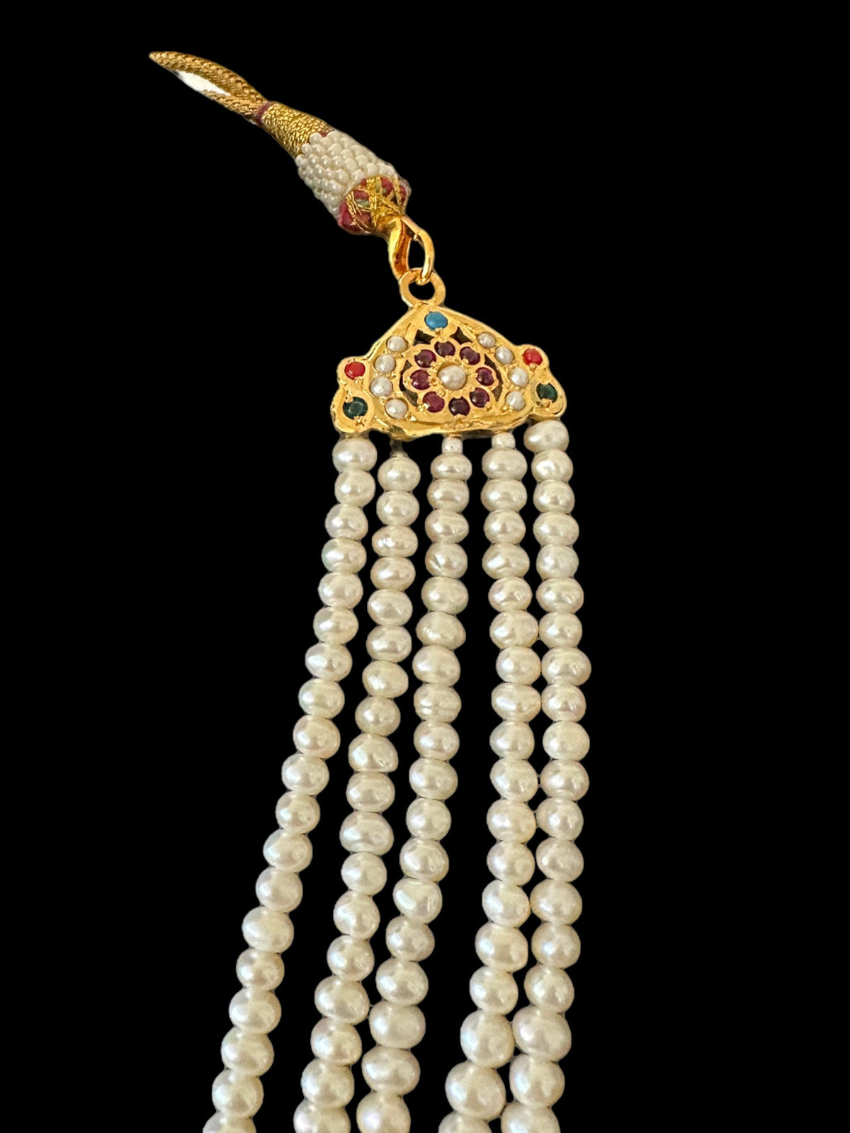Navratan gold plated silver necklace with earrings in fresh water pearls ( SHIPS IN 5 WEEKS  )