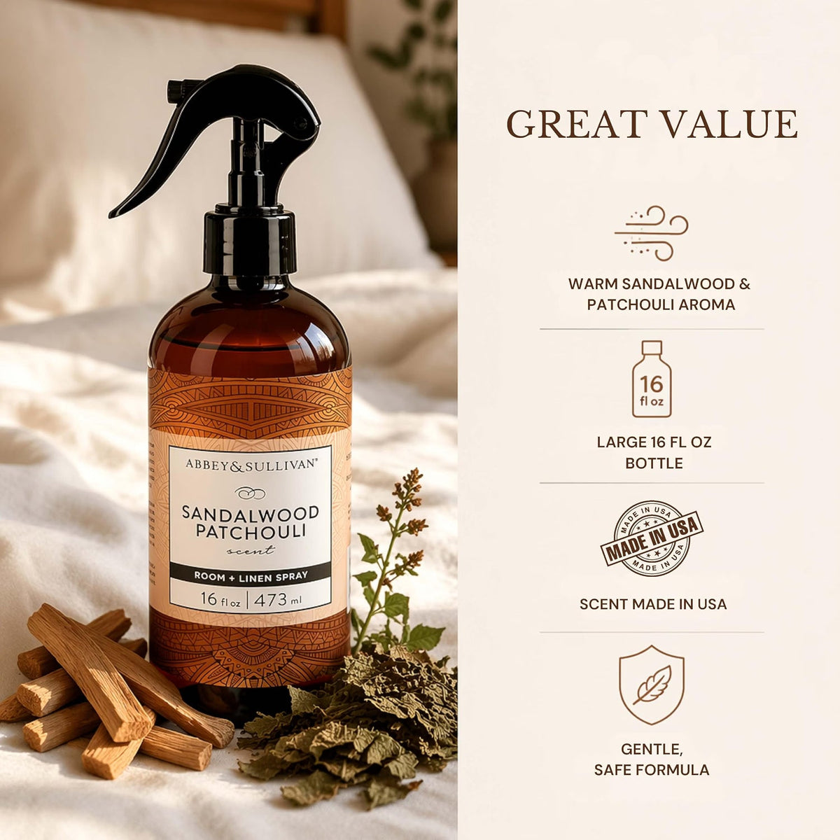 Abbey & Sullivan Odor Eliminating and Refreshing Linen and Room Spray, Sandalwood Patchouli, 16 oz