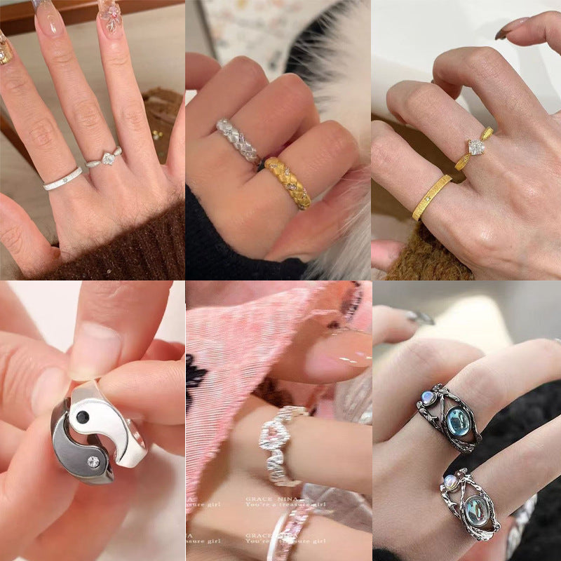 Niche Moonstone Black & White Couple Rings For Men & Women, Vintage Luxury Adjustable Open Band