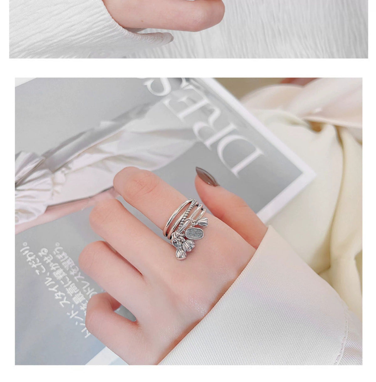 S925 Sterling Silver Ring, Money Bag Lotus Seedpod Fortune Pendant, 4 Charms, Adjustable Opening Index Finger Ring