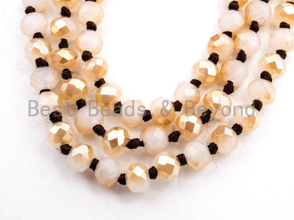 60 EXTRA Long Hand Knotted  Neutral Color Crystal Necklace, Double Wrap Necklace, Gold Beige Color 2x4mm Rondelle Crystal Beads, SKU#D20