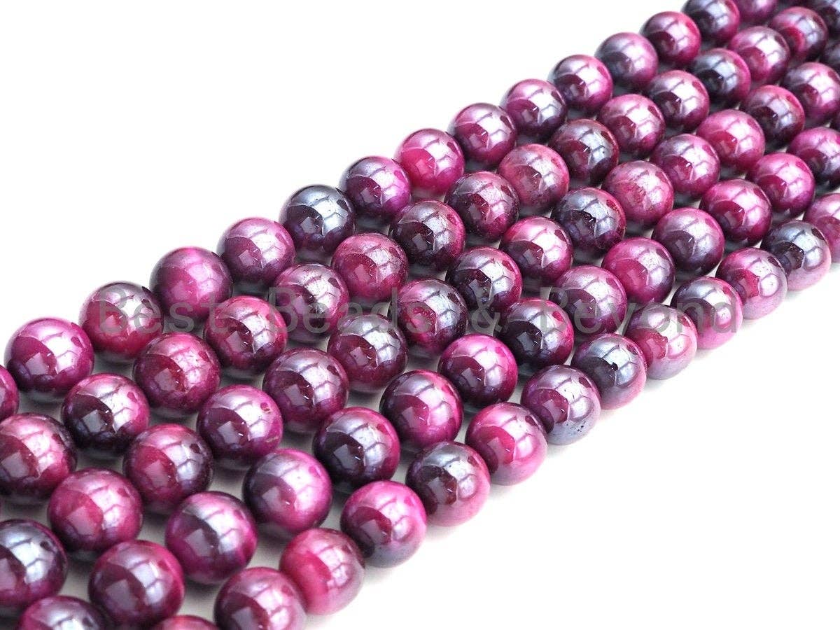 Mystic Plated Fuchsia Tiger Eye Beads, Round Smooth 10mm/12mm Fuchsia Tiger Eye, 15.5" Full Strand, sku#UA76