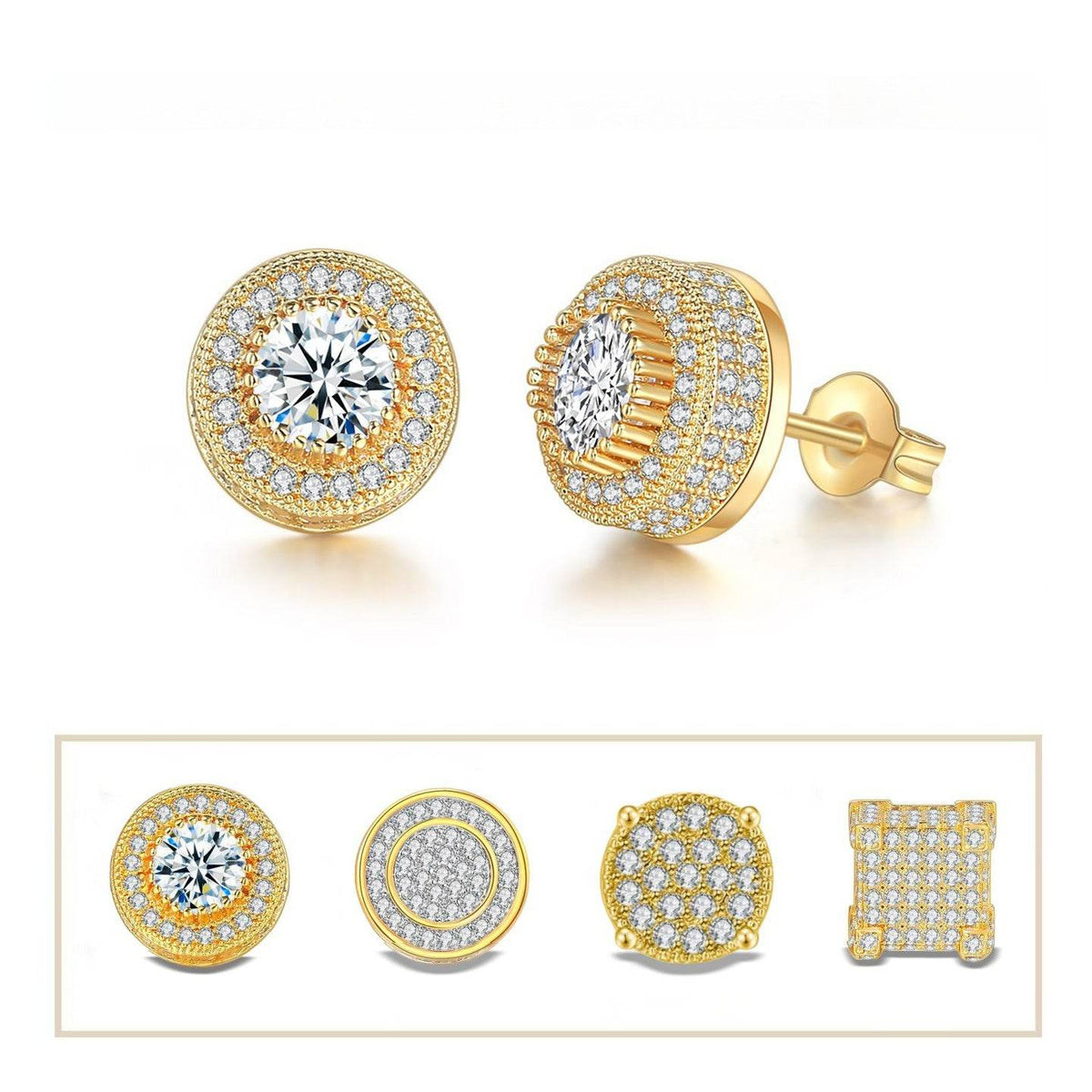 Iced Out CZ 18k Dazzling Stud Earrings, S925 Silver Post, 4 Style Options, Hip Hop Hypoallergenic 4A Cubic Zirconia Bling Studs for Men and Women