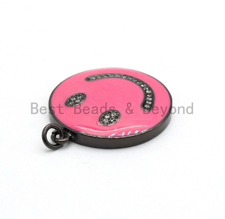 NEW Colorful Enamel Oil Drop Emoji Smiley Face Round Pendant,Cubic Zirconia Round Pave Pendant Charm Beads, Pave Pendant,  25x28mm, SKU#F562
