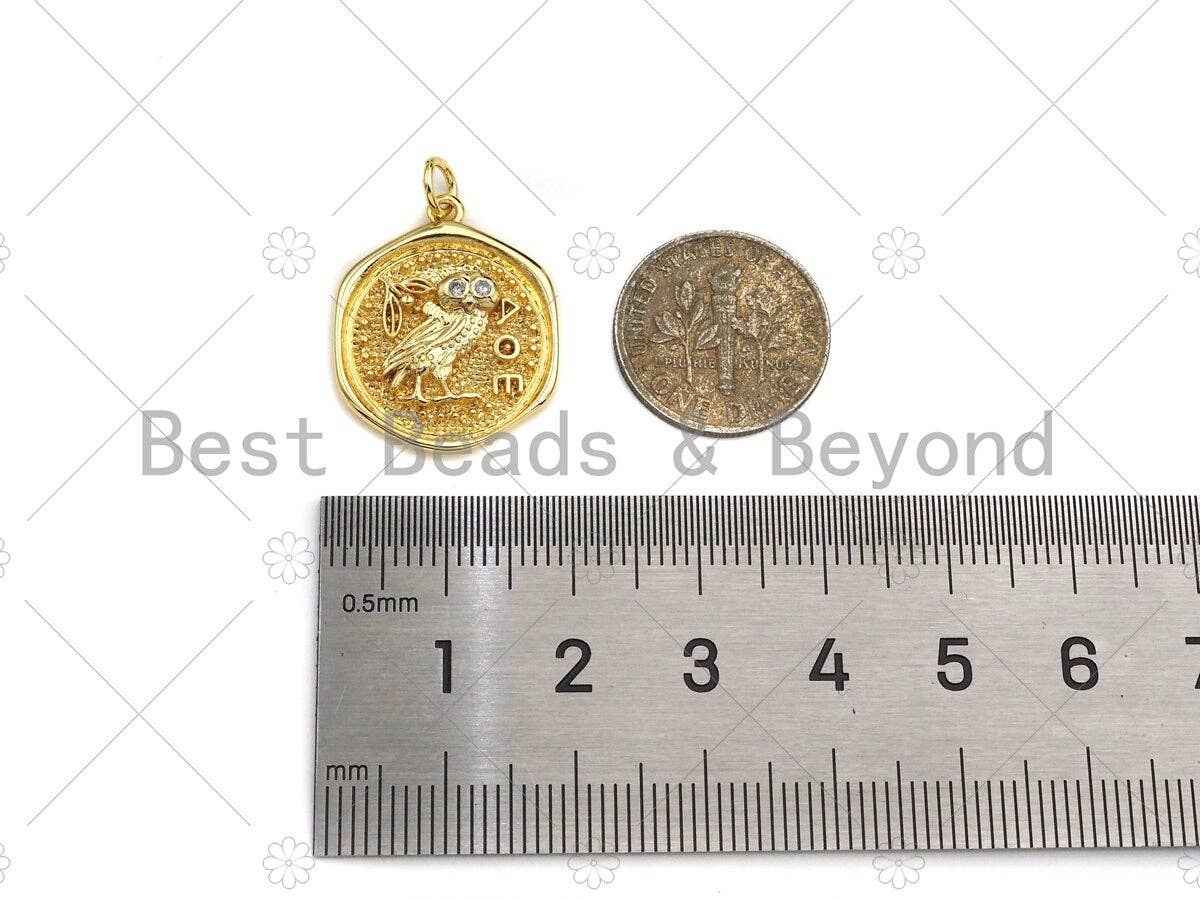18k Dainty Gold Cute Bird On Round Coin Shape Charms,  Sku#F1317C