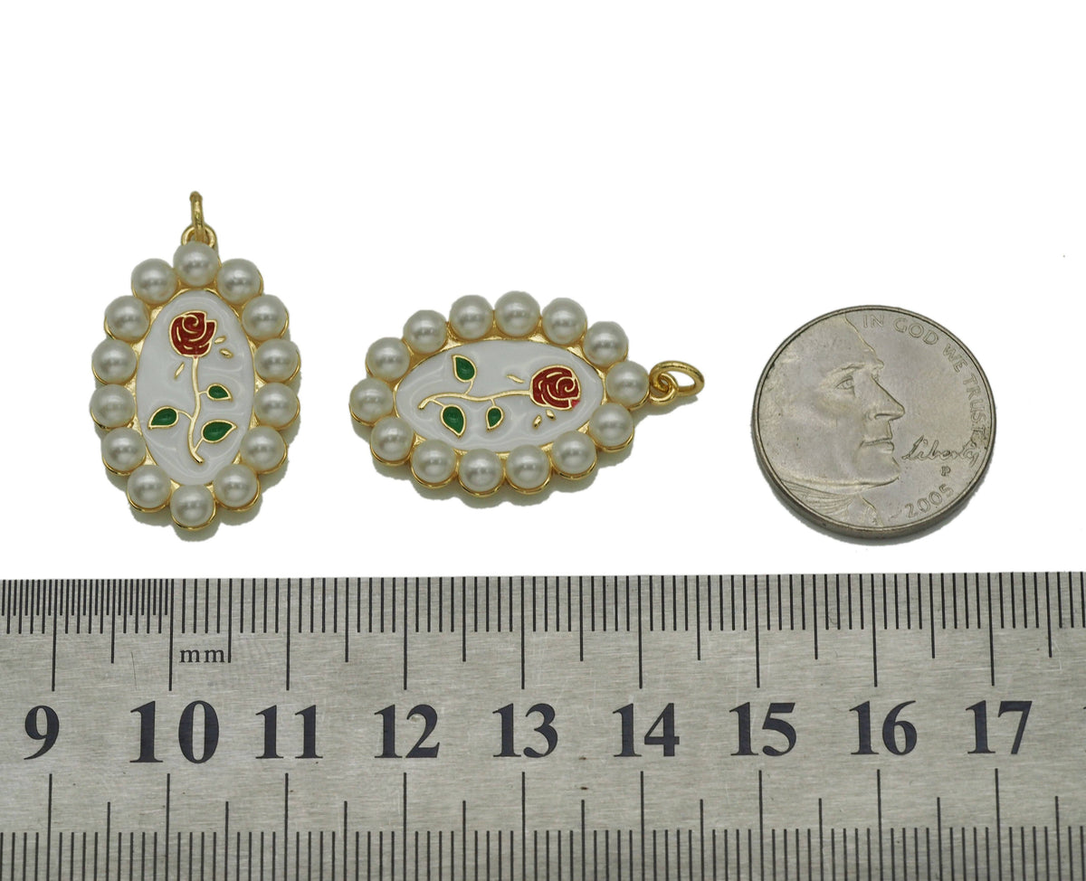 Gold Enamel Pearl Rose On Oval Charm, Sku#L685