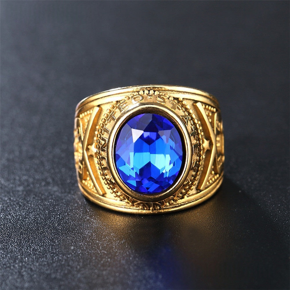 Personalized Punk Gemstone Mens Titanium Steel Military Navy Ring