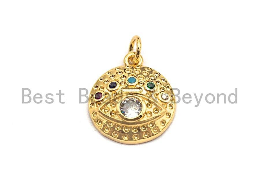 CZ Colorful Micro Pave Round  Gold With Evil Eye Coin Pendant, Coin Shaped Pave Pendant, Gold plated, 15x17mm, Sku#F866