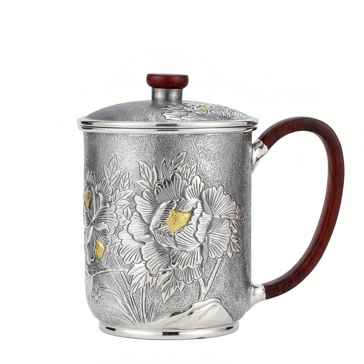 Pure 999 Fine Silver Handcrafted Silver Mug with Embossed Peony Motifs and Rosewood Accents - Handicraft