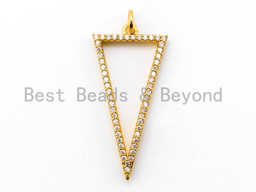 CZ Micro Pave Hollow Triangle Pendant, Cubic Zirconia Pendant Charm, Gold/Silver/Black, 32x16mm, SKU#F220