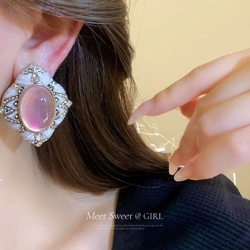 Niche Vintage Retro Earrings, Oval & Rhombus Diamond Studs, Luxury High-end Ear Jewelry
