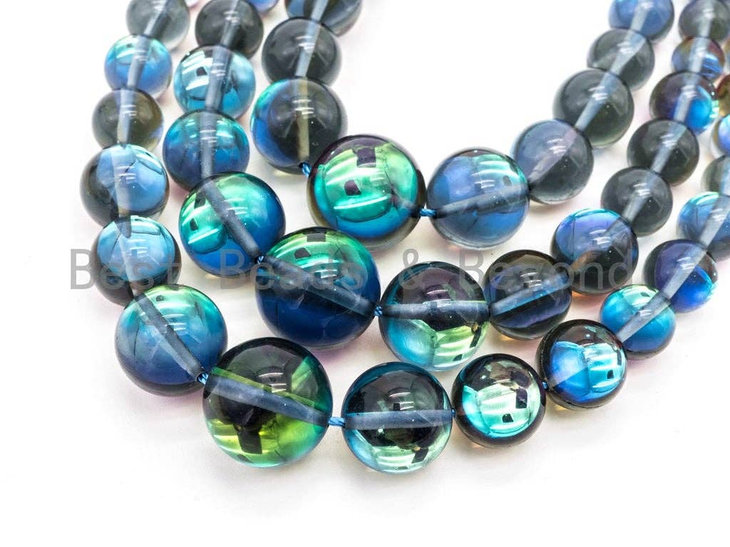 Superb 6-16mm Graduated Blue Flashy Rainbow Manmade Moonstone Graduated Strand, Blue Round Smooth Moonstone, 15.5inch Full strand, SKU#U80