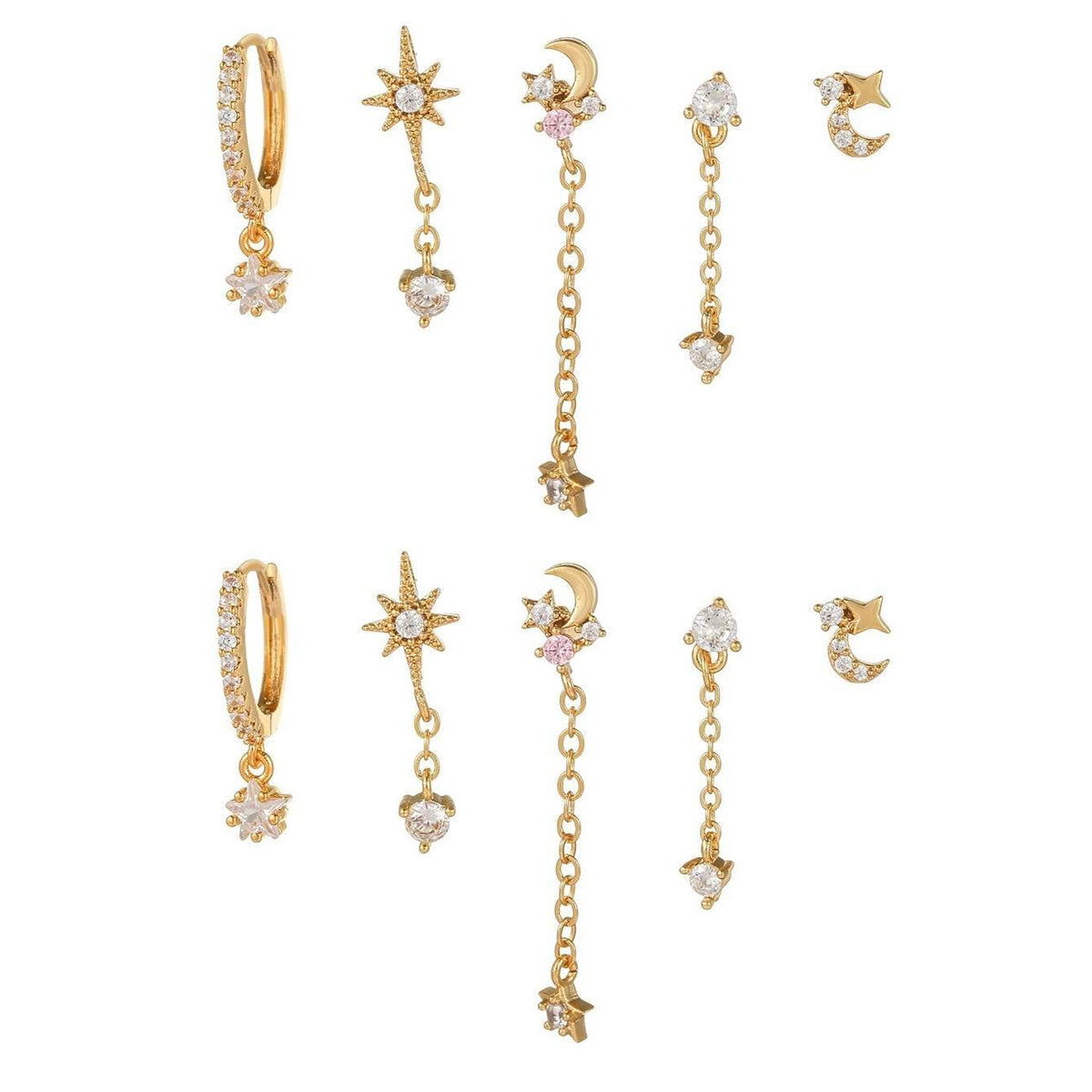 Stacking 5 Pieces Eight-Pointed Star Earrings Set, 18k Gold Plated Ear Studs & Ear Drops, Stacked Lobe Design with Dazzling Zircon Stones