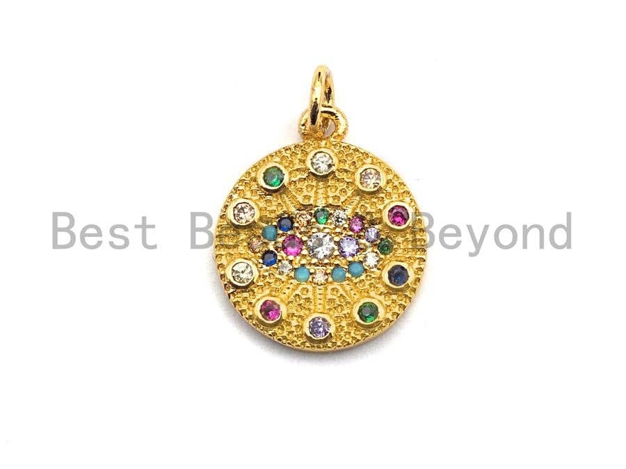 CZ Colorful Micro Pave Round  Gold With Evil Eye Pendant, Coin Shaped Pave Pendant, Gold plated, 15x17mm, Sku#F867
