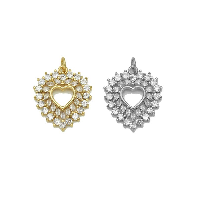 CZ Gold Silver Open Hollow Out Heart Charm, Baguette CZ heart, Sku#F1472