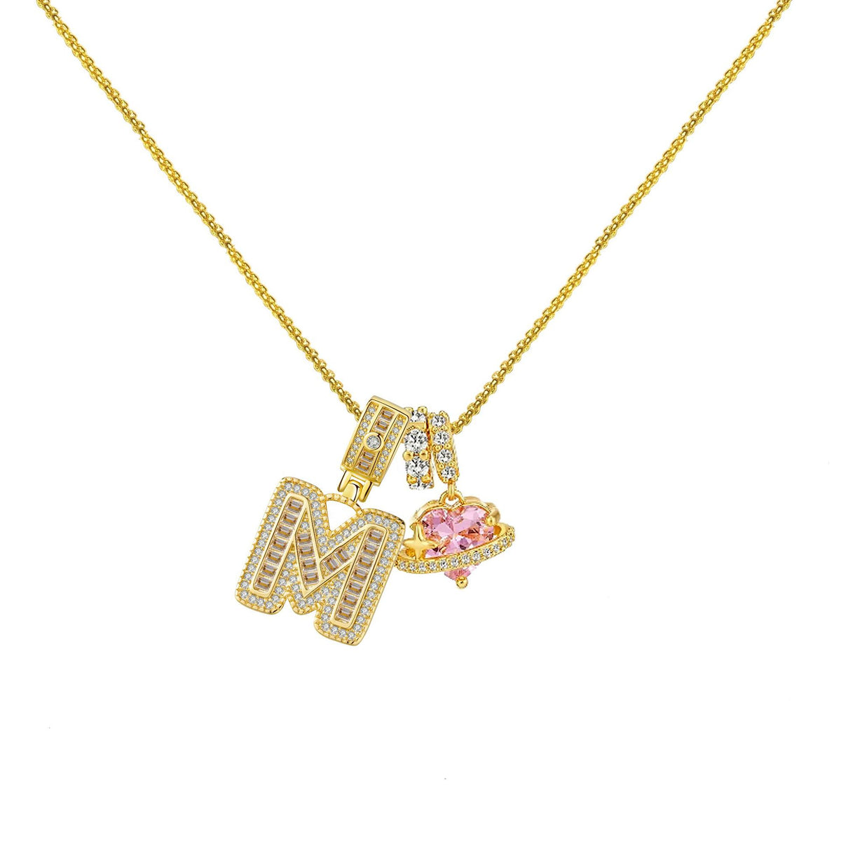 Gold-Plated Copper Planet Heart Pendant Necklace With Diamonds