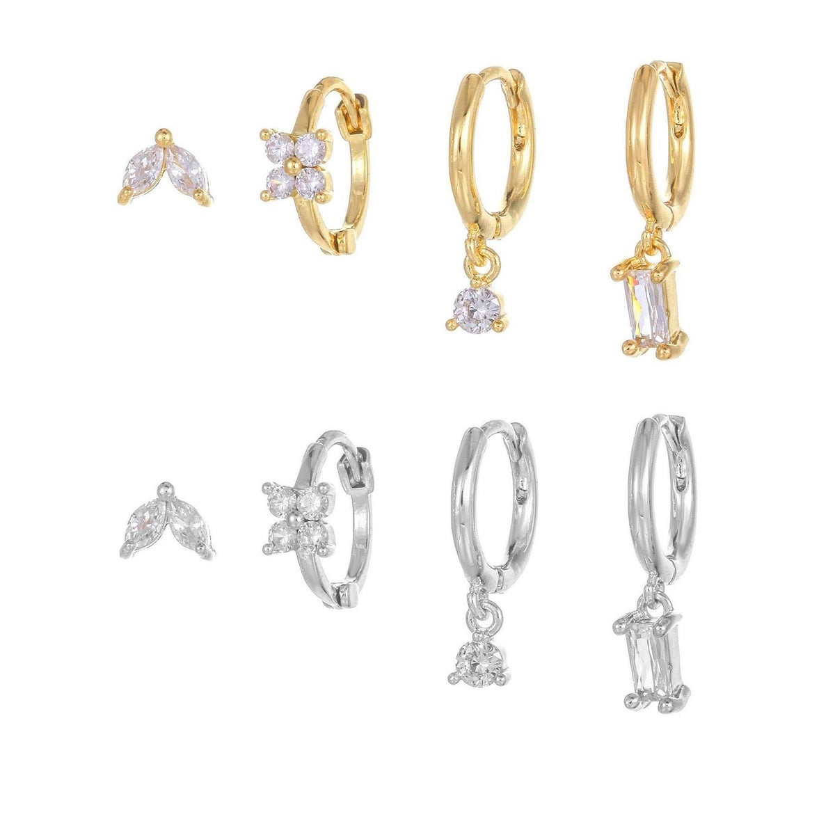 Stacking 4 Pieces Geometric Zircon Stud Earring Set, 18k Gold Plated Ear Studs and Drops, Trendy Sweet Cool Earrings, S925 Needle