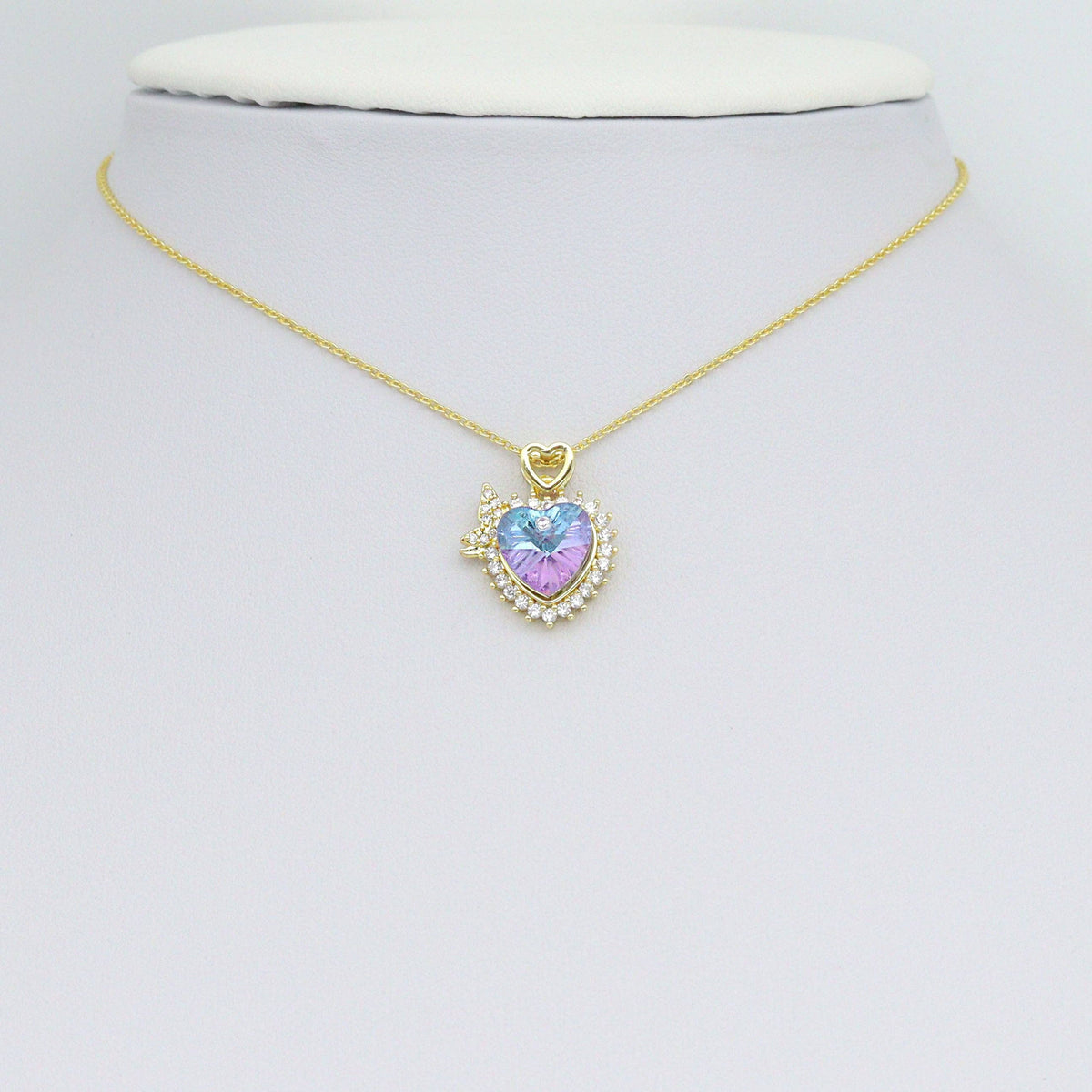 Purple Clear Blue Butterfly Heart CZ Gold Charm Pendant, Sku#LK1089