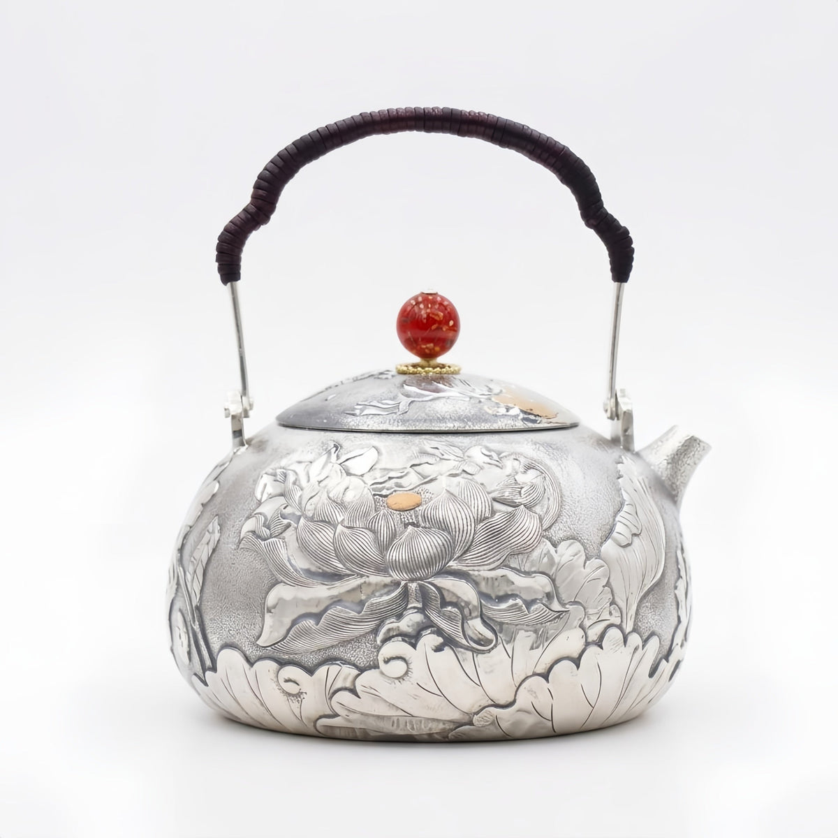 Pure 999 Fine Silver Exquisite Hand-Engraved Silver Teapot with Intricate Lotus Relief and Red Finial - Handicraft