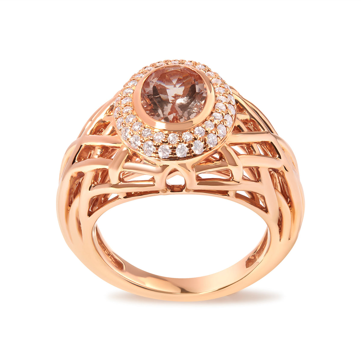 14K Rose Gold Oval Morganite and 3/8 Cttw Diamond Halo Basket Weave Cocktail Ring Size 7