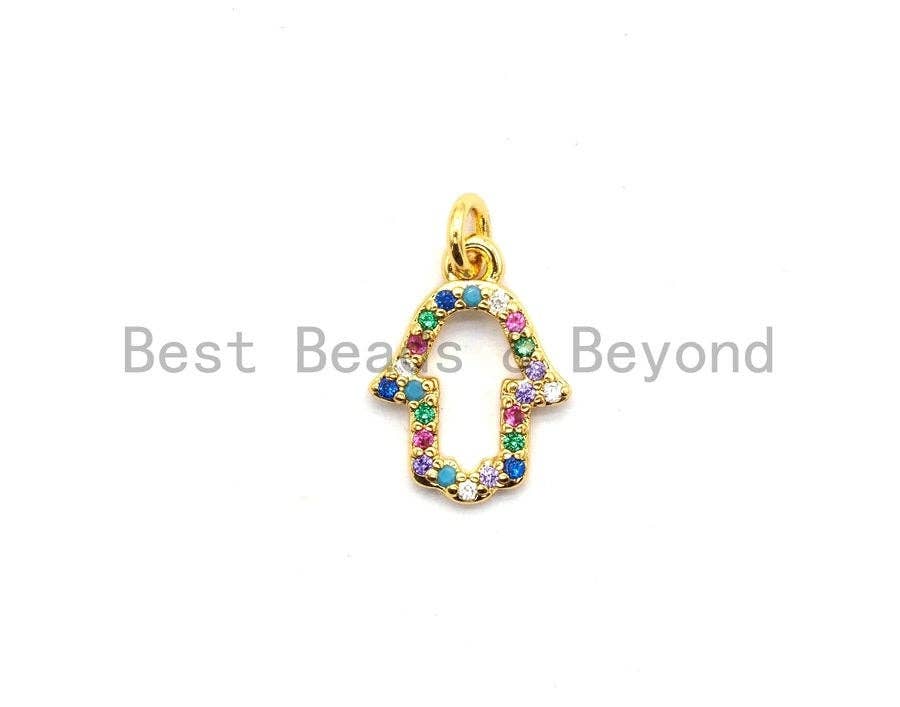 Cute CZ Colorful Micro Pave Hollow Hamsa Hand Pendant, Hamsa Hand Shaped Pave Pendant, Gold plated, 9x12mm, Sku#F733