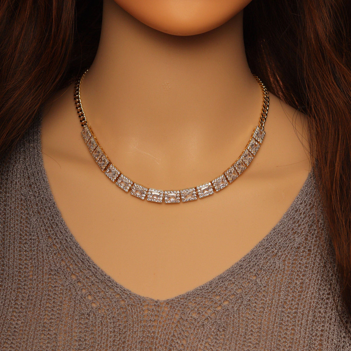 Clear Green Square CZ Gold Link Chain Adjustable Necklace,sku#LX239