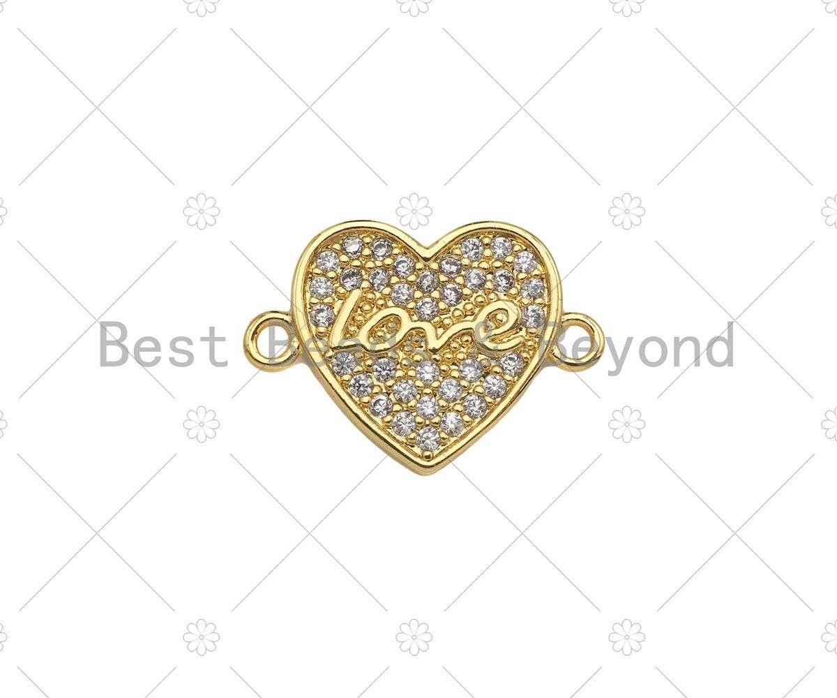 CZ Micro Pave Love Word On Heart Shape Connector, Cubic Zirconia Heart Connector Beads, 18K Gold Bracelet Connector, 14x19mm, Sku#LK314