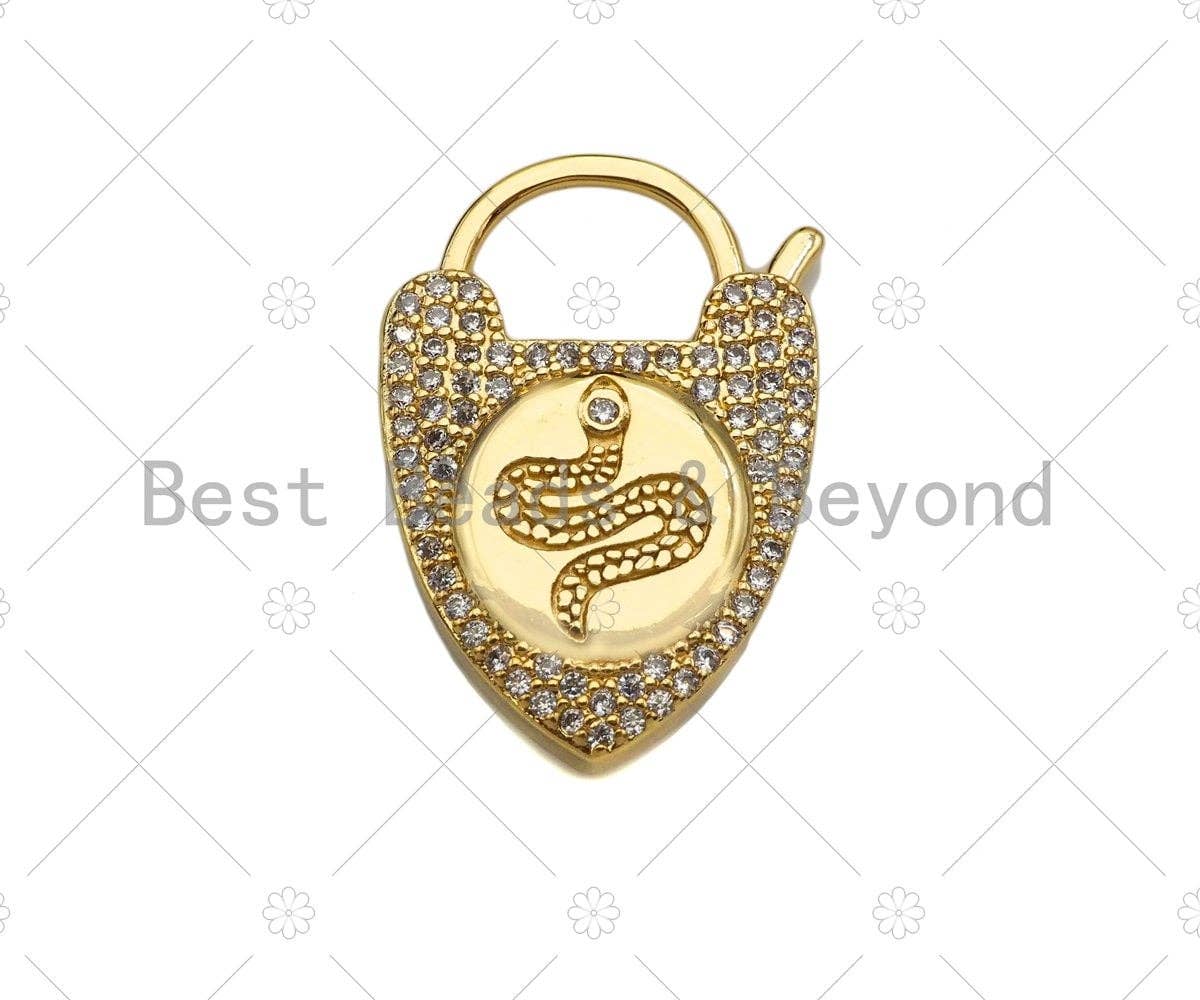 CZ Micro Pave Snake Padlock Heart Clasp Charms, Snake CZ On Padlock Clasp, Gold snake lock, Padlock Necklace Charms, 17x25mm, Sku#K163