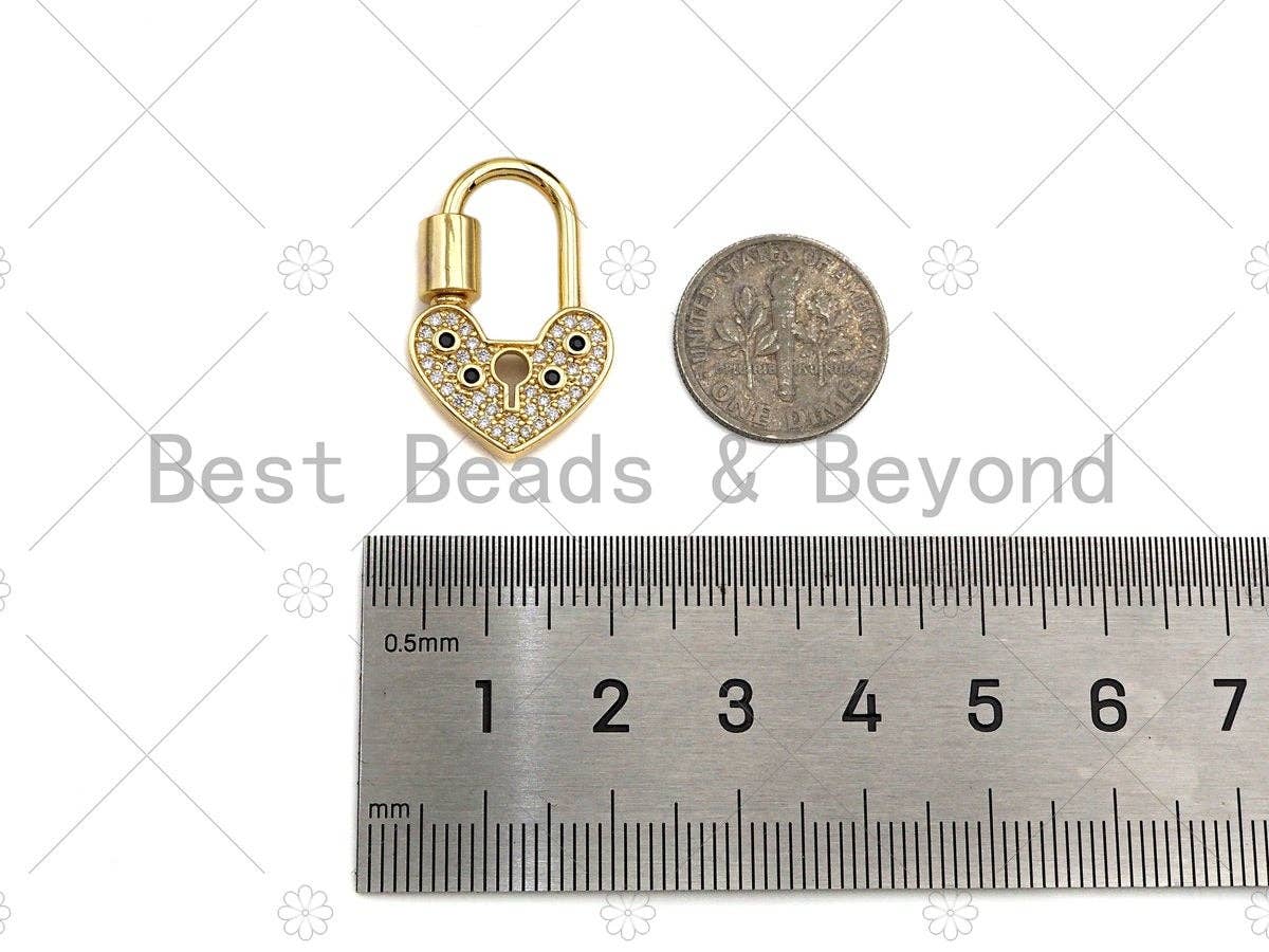 18K Gold Black Clear CZ Micro Pave Key Heart Lock Clasp, Gold Heart Padlock Charm, Heart Shape Clasp,Pave Lock,17x28mm,sku#K144