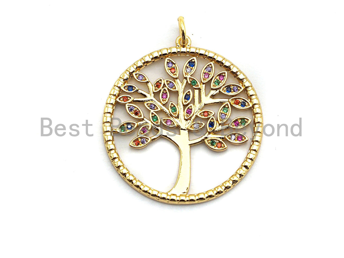CZ Colorful Micro Pave Round  Gold Tree Pendant, Tree Shaped Pave Pendant, Gold plated, 28x30mm, sku#F819
