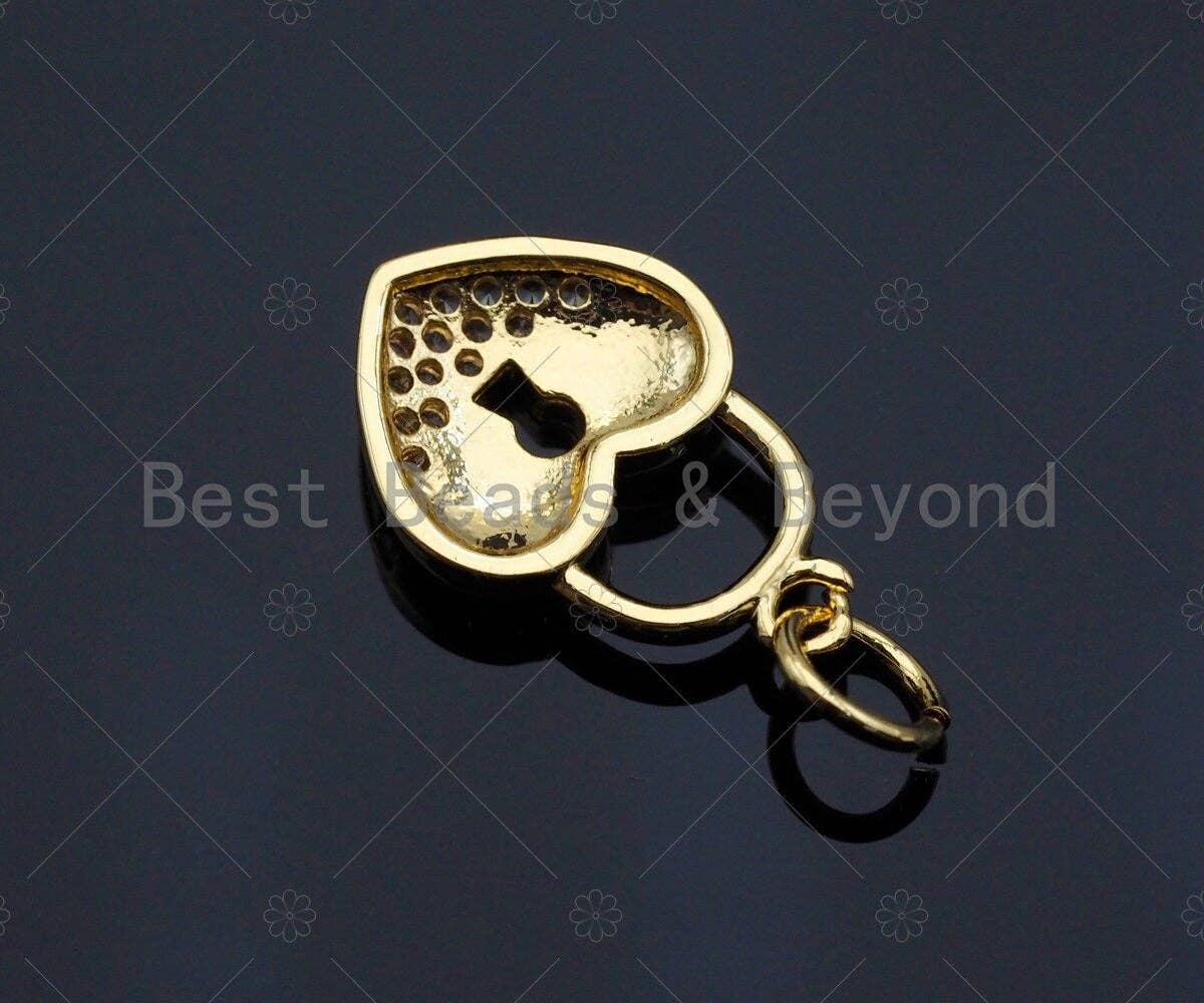 CZ Micro Pave Heart Lock Pendant, Heart Shape Charm, 18K Gold Lock Pendant,16x10mm, Sku#JL10