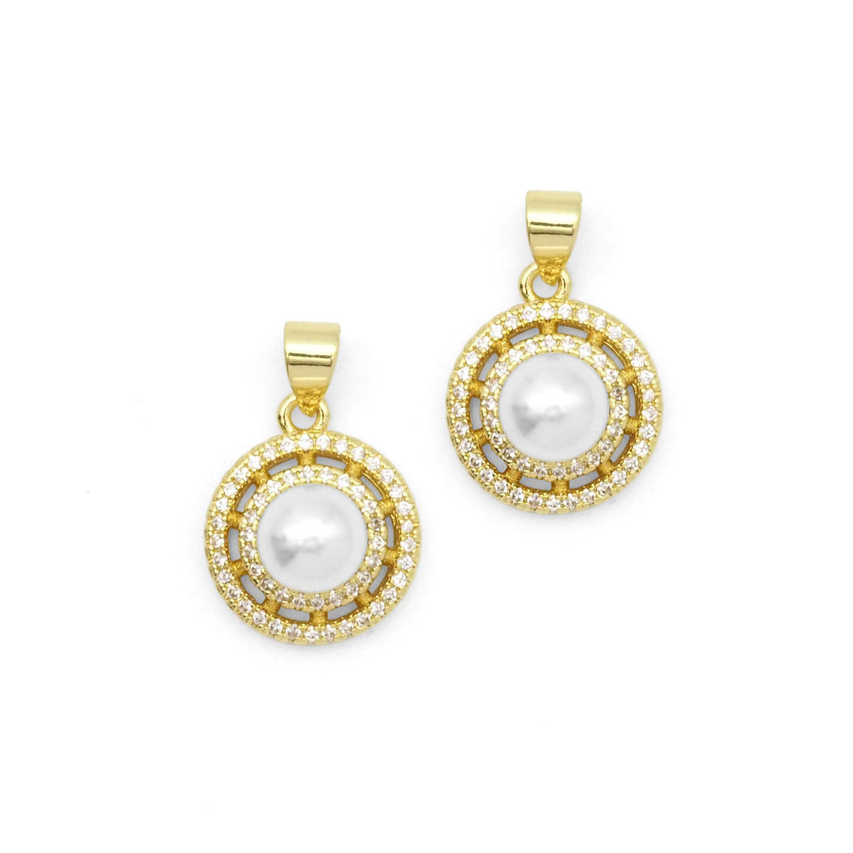 Clear CZ Gold White Pearl Round Charm, Sku#LK818