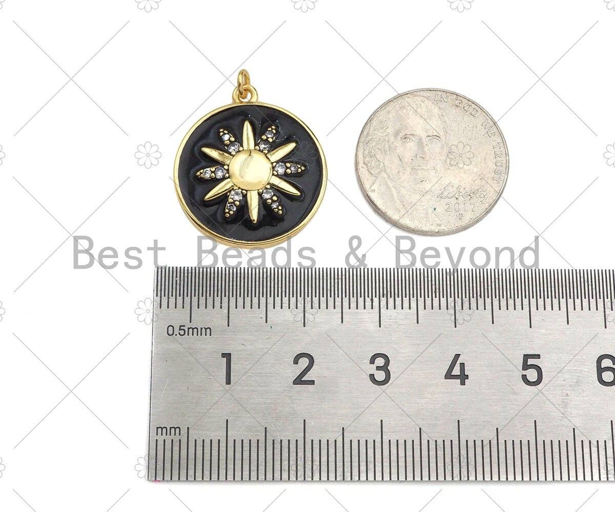 18K Gold Sunflower On Black White Enamel Round Coin Shape Pendant,CZ Micro Pave Enamel Medallion Charm, Enamel Jewelry, 24x21mm,Sku#B132