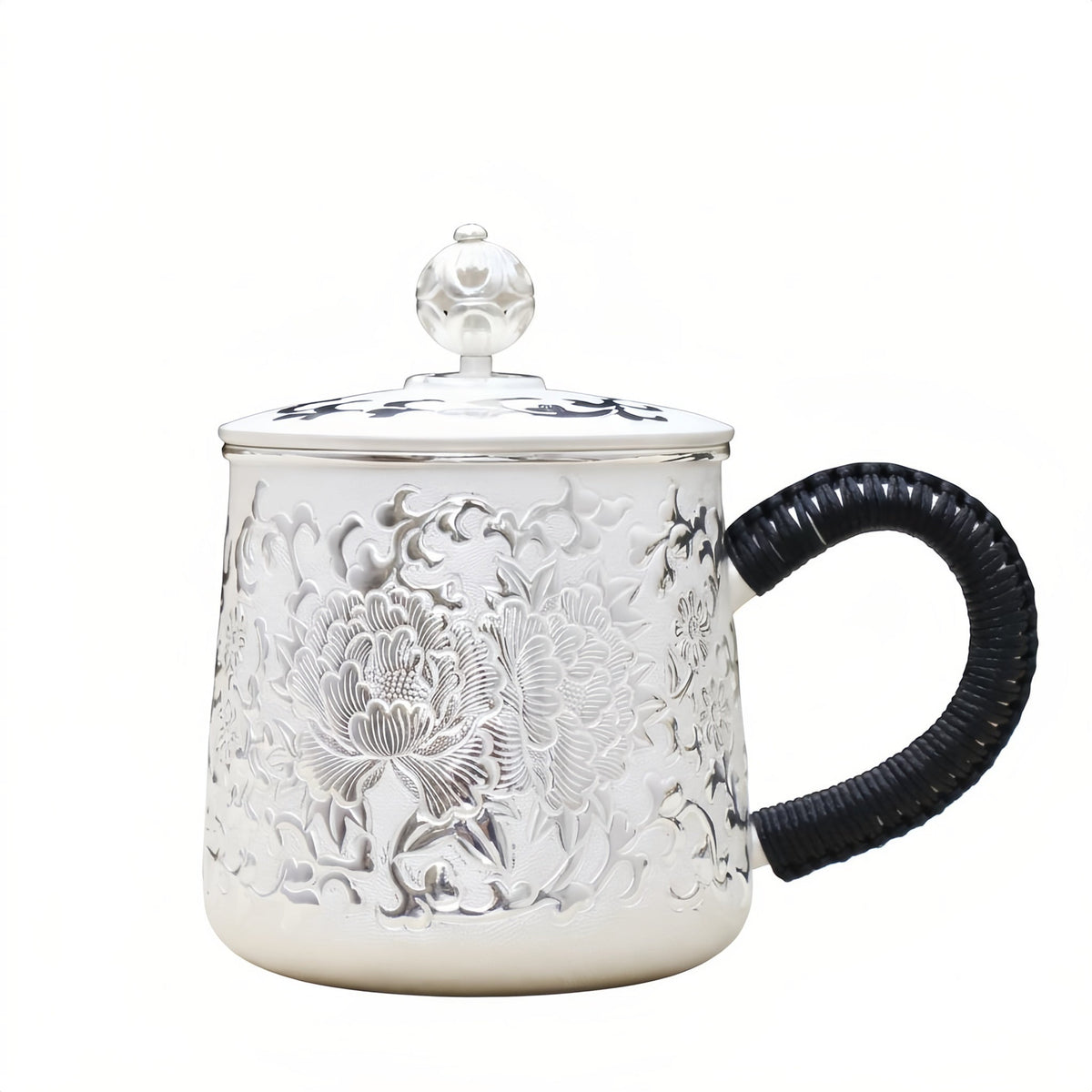 Pure 999 Fine Silver Ornate Silver Floral Porcelain Mug with Decorative Lid and Handcrafted Wrapped Handle - Handicraft
