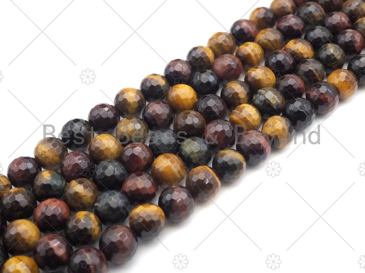 Quality Natural Red Yellow Blue Round Faceted Tiger Eye, Mixed Color Tiger Eye, 6mm/8mm/10mm/12mm Tiger Eye,15.5" Full Strand, sku#UA188