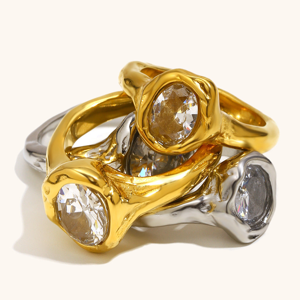Stainless Steel 18K Gold-Plated Holed Dove-Egg Zircon Ring For Women  Lite Luxury