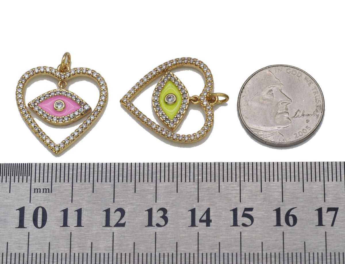 CZ Enamel Dangle Evil Eye Heart Charm, Sku#F1510