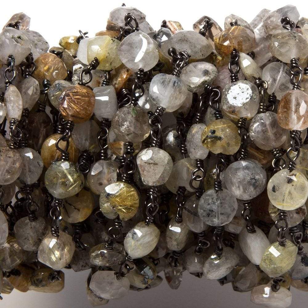 6-6.5mm Sagenitic Quartz plain coin Black Gold plated Chain by the foot 26pcs