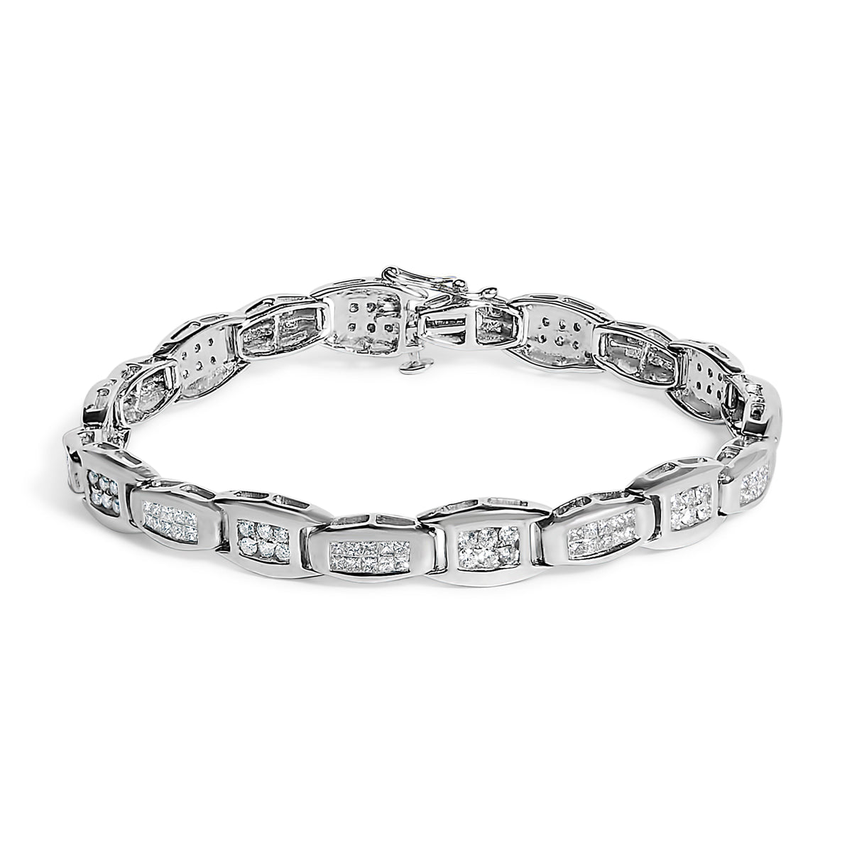 14K White Gold 2-1/2 Cttw Round-Brilliant & Baguette Cut Diamond 7" Alternating Flared Links Tennis Bracelet (H-I Color, SI1-SI2 Clarity)
