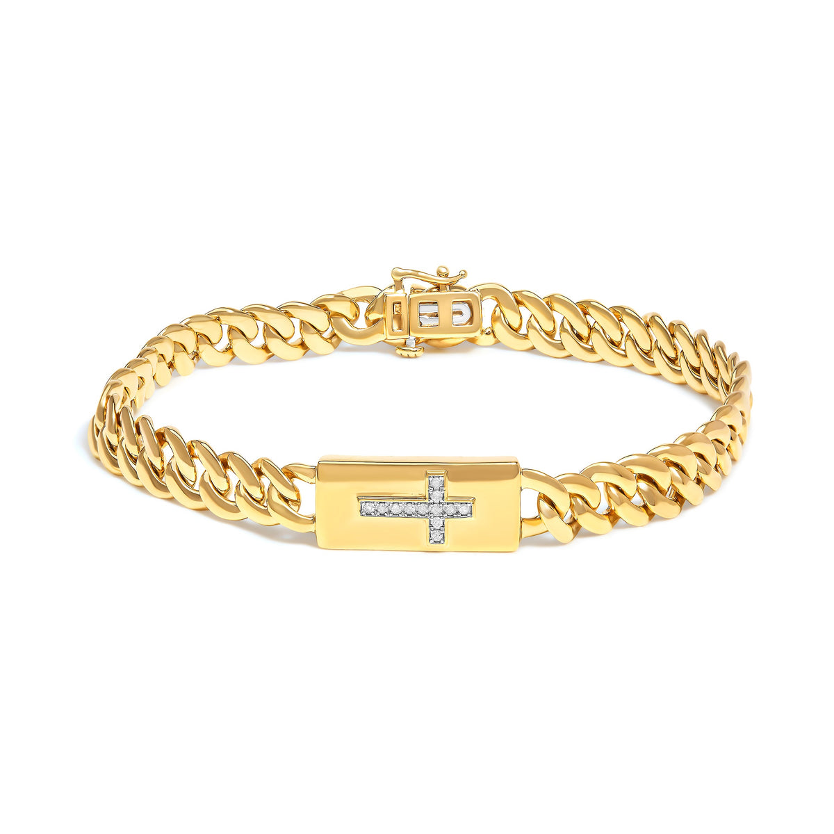 14K Yellow Gold Plated .925 Sterling Silver Diamond Accent Inlaid Cross Cuban Link Bracelet (I-J Color, I3 Clarity)-  7.25"